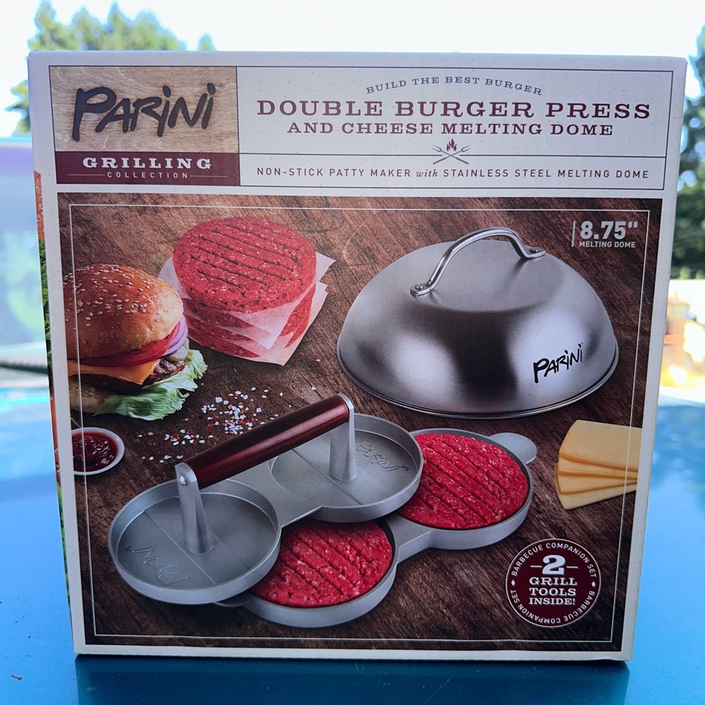 Panini double burger press and cheese melter. Brand new in box unopened!